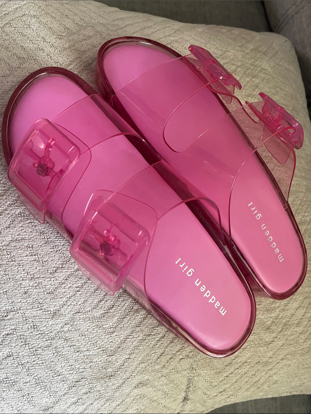 Madden Girl Transparent Hot Pink Double Buckle Slide Sandals